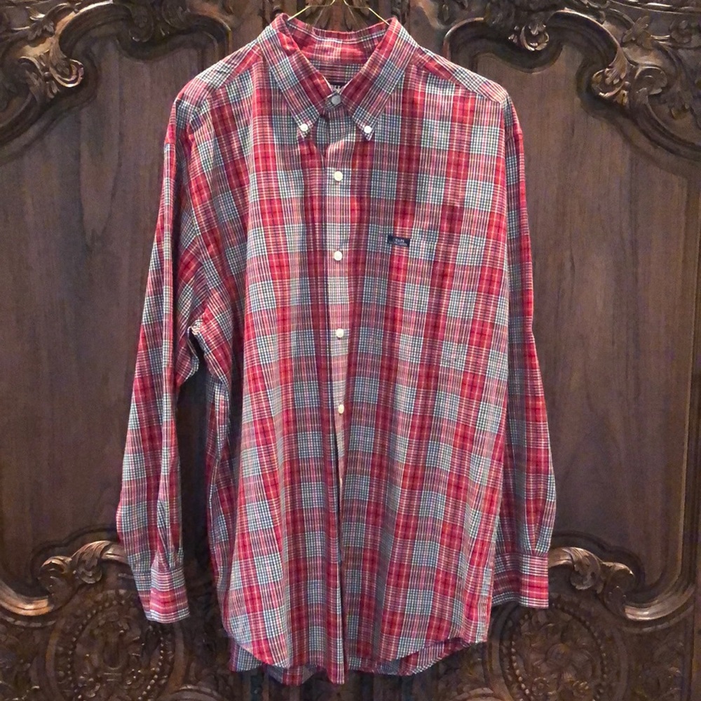 Men’s Red, White, and Black Plaid Chaps Long Sleeved Button Down Shirt